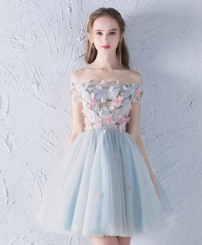 Gray Blue Tulle Lace Applique Short Prom Dress, Homecoming Dress SP15649