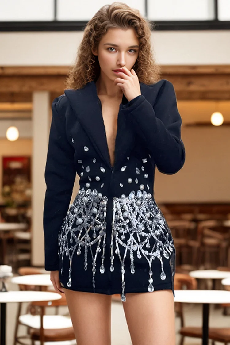 Rhinestone Pearl Sequin Embellished Zip Up Blazer-Black