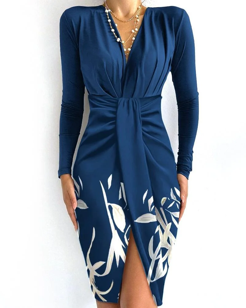 Ruched V-Neck Long Sleeve Dress