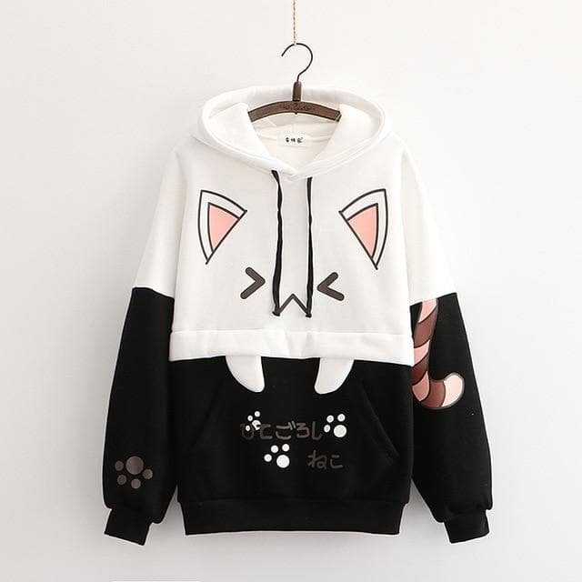 Black/Pink Cartoon Cat Print Casual Pullover Hoodies SP16379