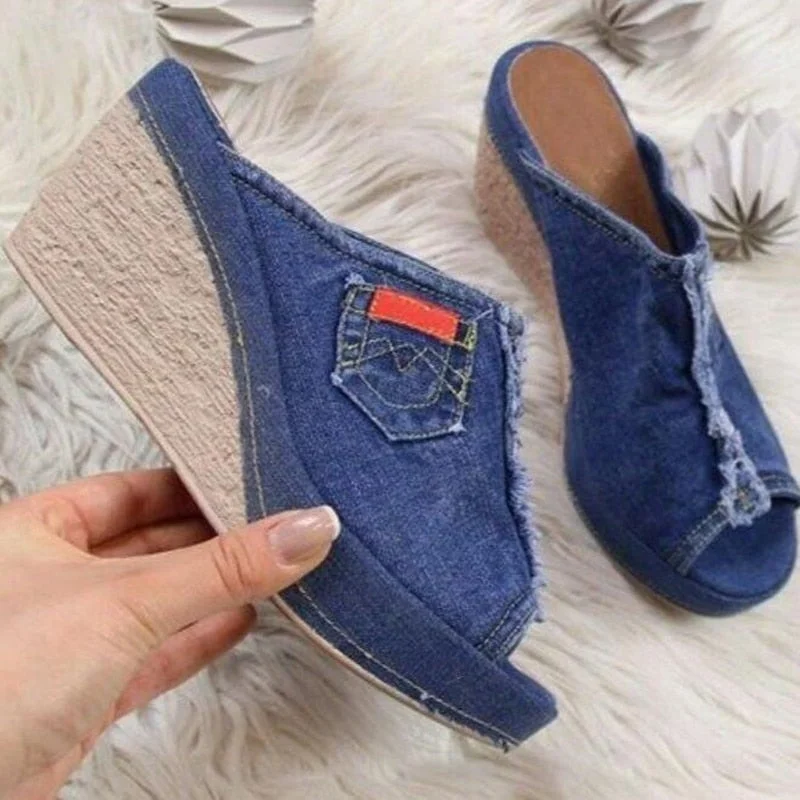 New Brand Hot Women's High Heels Fashion Denim Slippers Women Wedge Heel Toe Platform Shoes Large Size 35-43 Zapatos De Mujer