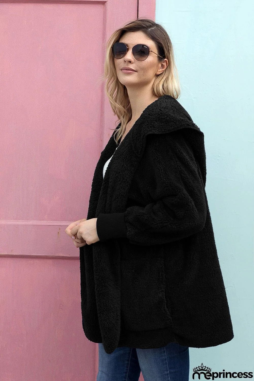 Black Hooded Open Front Soft Fleece Coat