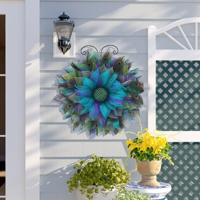 Peacock Pattern Burlap Sunflower Wreath Outdoor Summer Wreaths For Front Door