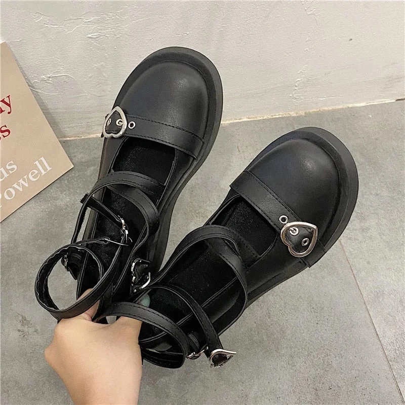 Japanese Lolita Shoes Star Buckle Strap Mary Janes Women Cross-tied Platform Shoe Patent Leather Girls Rivet Casual Shoes