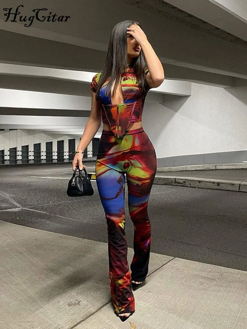 Hugcitar Short Sleeves Print Hollow Out Top Flare Pants 2 Pieces Suits 2021 Fall Women Bodycon Sexy Streetwear Outfits