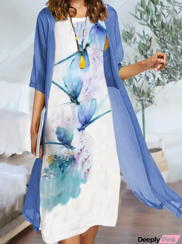 Women's Two Piece Dress Midi Dress Half Sleeve Dragonfly Print Fall Spring Round Neck Elegant Chinoiserie 2022