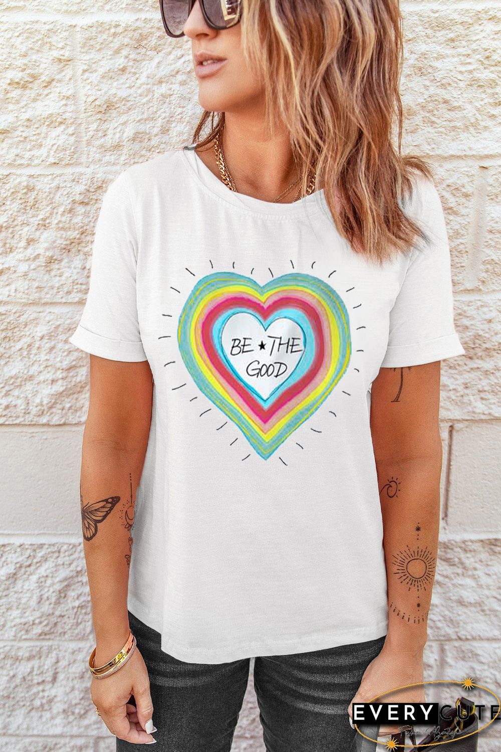 White Be The Good Heart-shaped Print Short Sleeve T Shirt