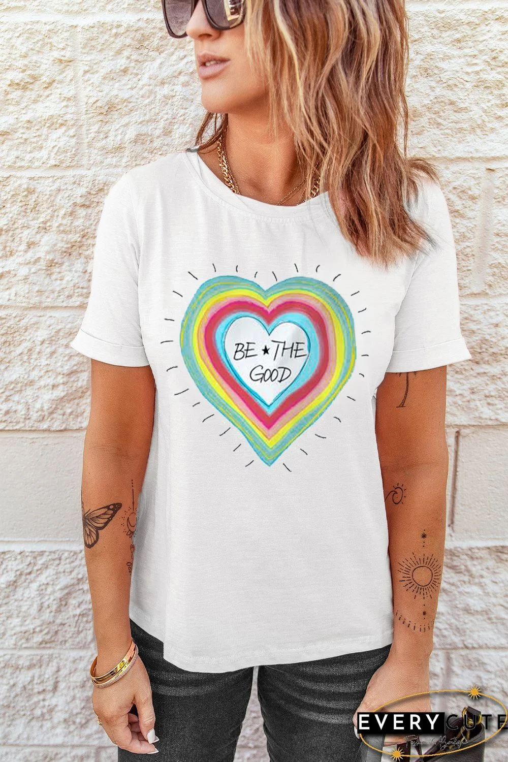 White Be The Good Heart-shaped Print Short Sleeve T Shirt