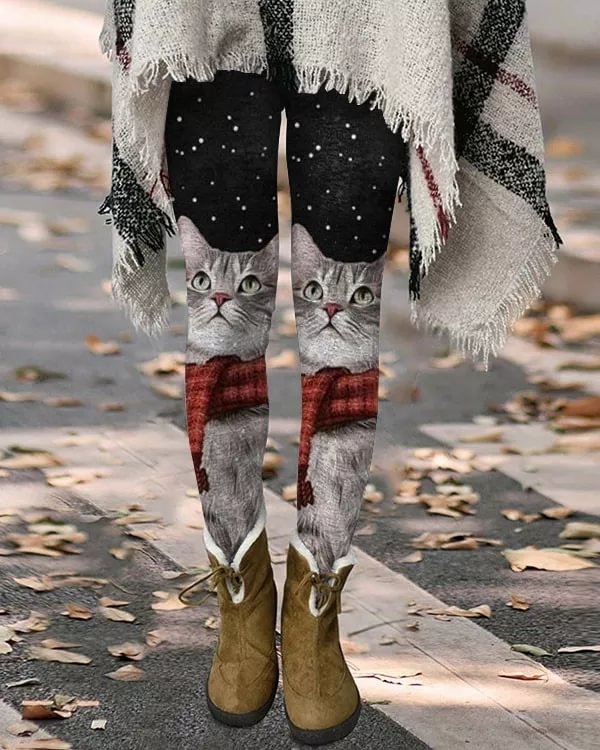 Retro cat print thermal integrated Leggings
