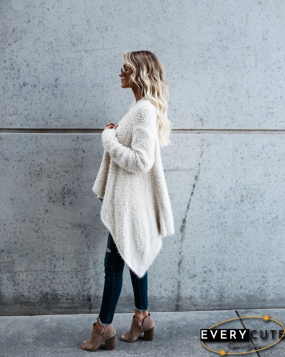 Asymmetrical Plain Loose Keep Warm Fleece Cardigan Coat