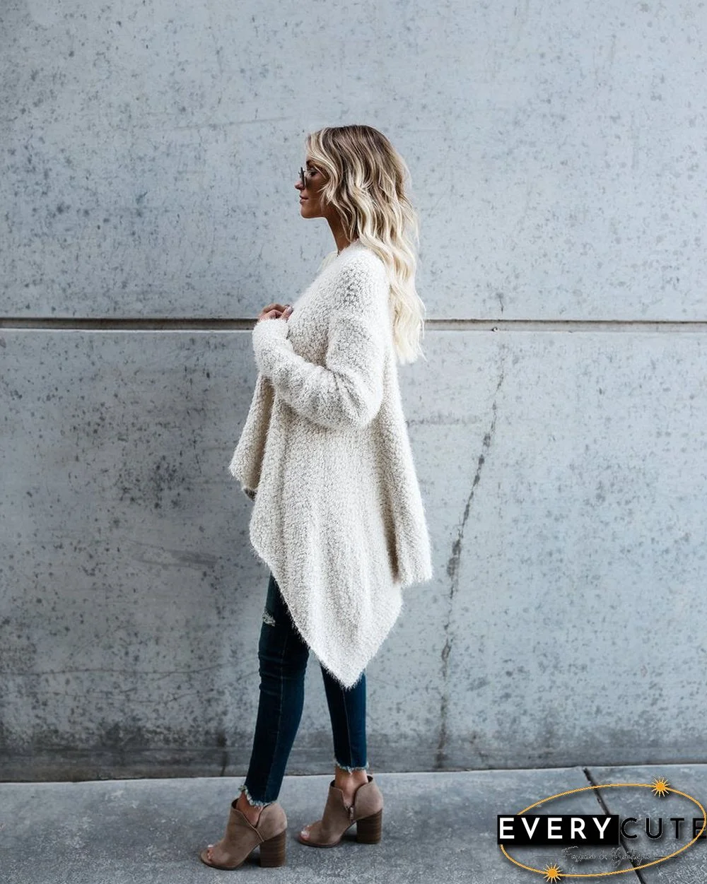 Asymmetrical Plain Loose Keep Warm Fleece Cardigan Coat