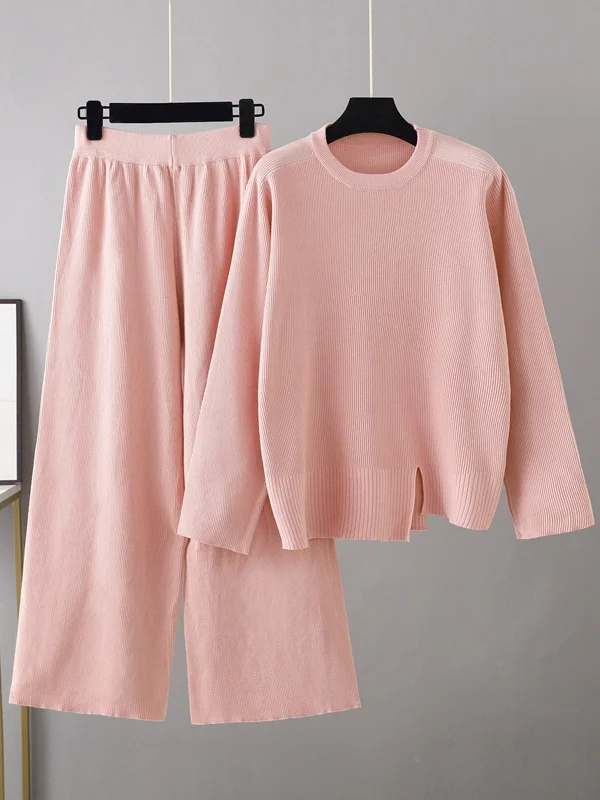 Casual Long Sleeves Irregularity Split-Front Round-Neck Sweater Tops & Wide Leg Pants Two Pieces Set