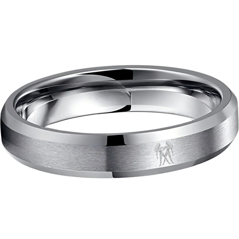 Sliver Laser Etched Couple Wedding Bands Sliver Gemini Tungsten Carbide Ring Beveled Edges 4MM 6MM 8MM Width