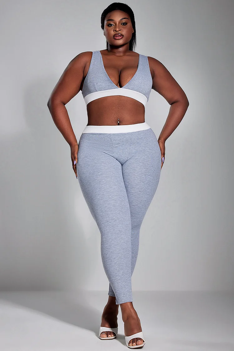 Xpluswear Design Plus Size Sport Pant Set Grey V-Neck Tank Tops Knitted Two-Piece Pant Set [Pre-Order]