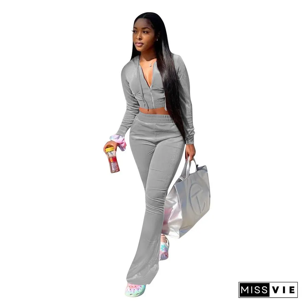 Velvet Solid Zipper Hooded Crop Tops Flare Pants Set