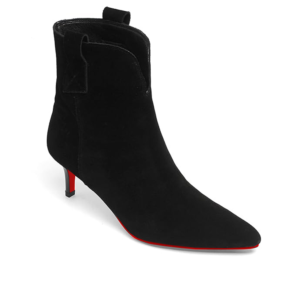 2.36'' Women's Ankle Boots Closed Pointed Toe Kitten Red Bottoms Stilettos Suede Booties-MERUMOTE