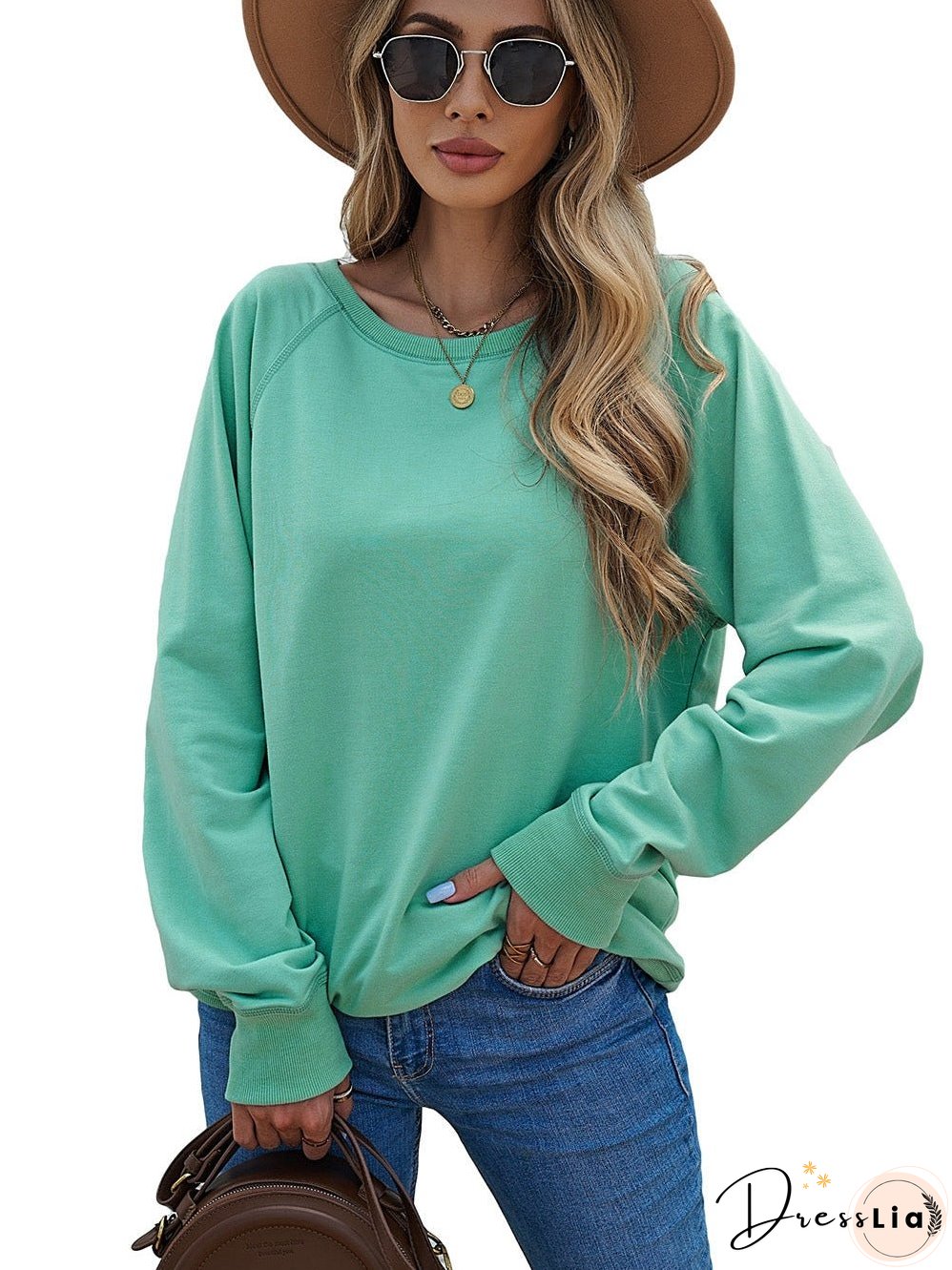 Green Crew Neck Long Sleeve Sweatshirt with Distressed Detail