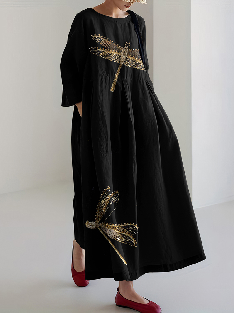 Comstylish Women&lsquo;s Farm Dragonfly And Bee Linen Blend Maxi Dress