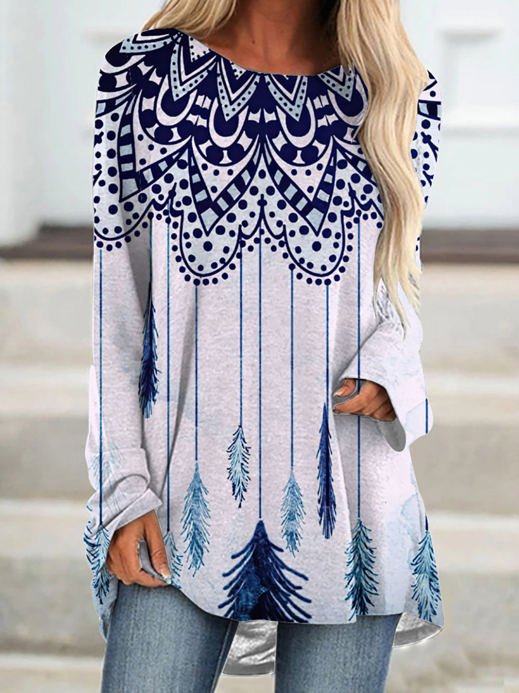 Women Long Sleeve V-neck Graphic Floral Printed Top