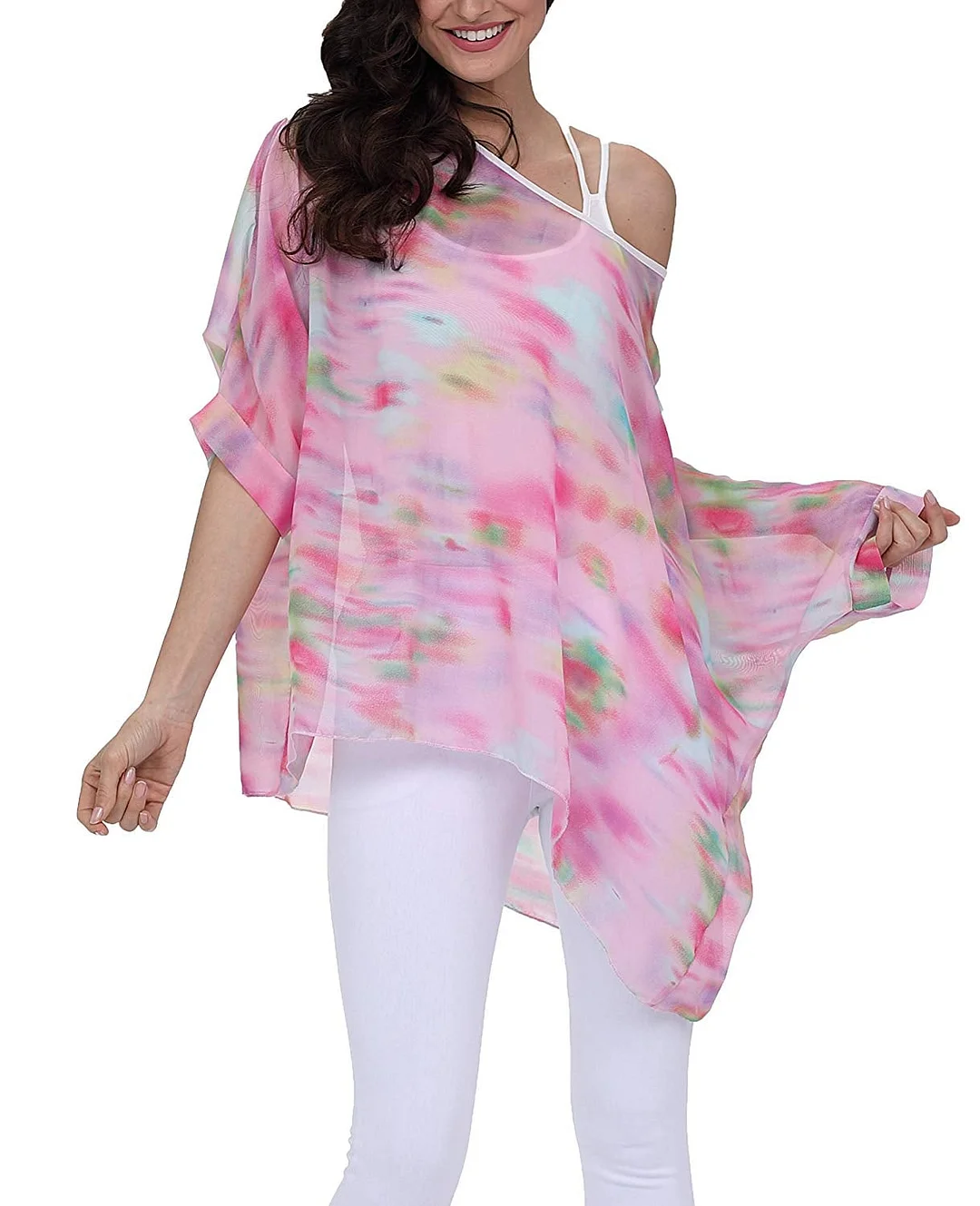 Bohemian Floral Chiffon Blouse Casual Batwing Blouse Hippie Semi Sheer Loose Tops