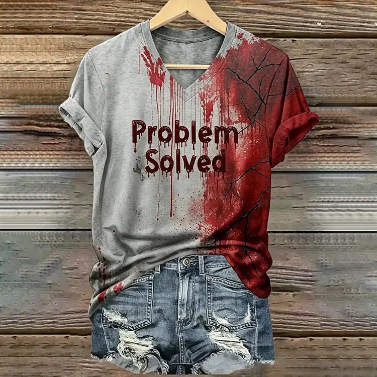 Women's Vintage Dark Sarcasm Problem Solved Blood Art Printed Short Sleeve T-shirt