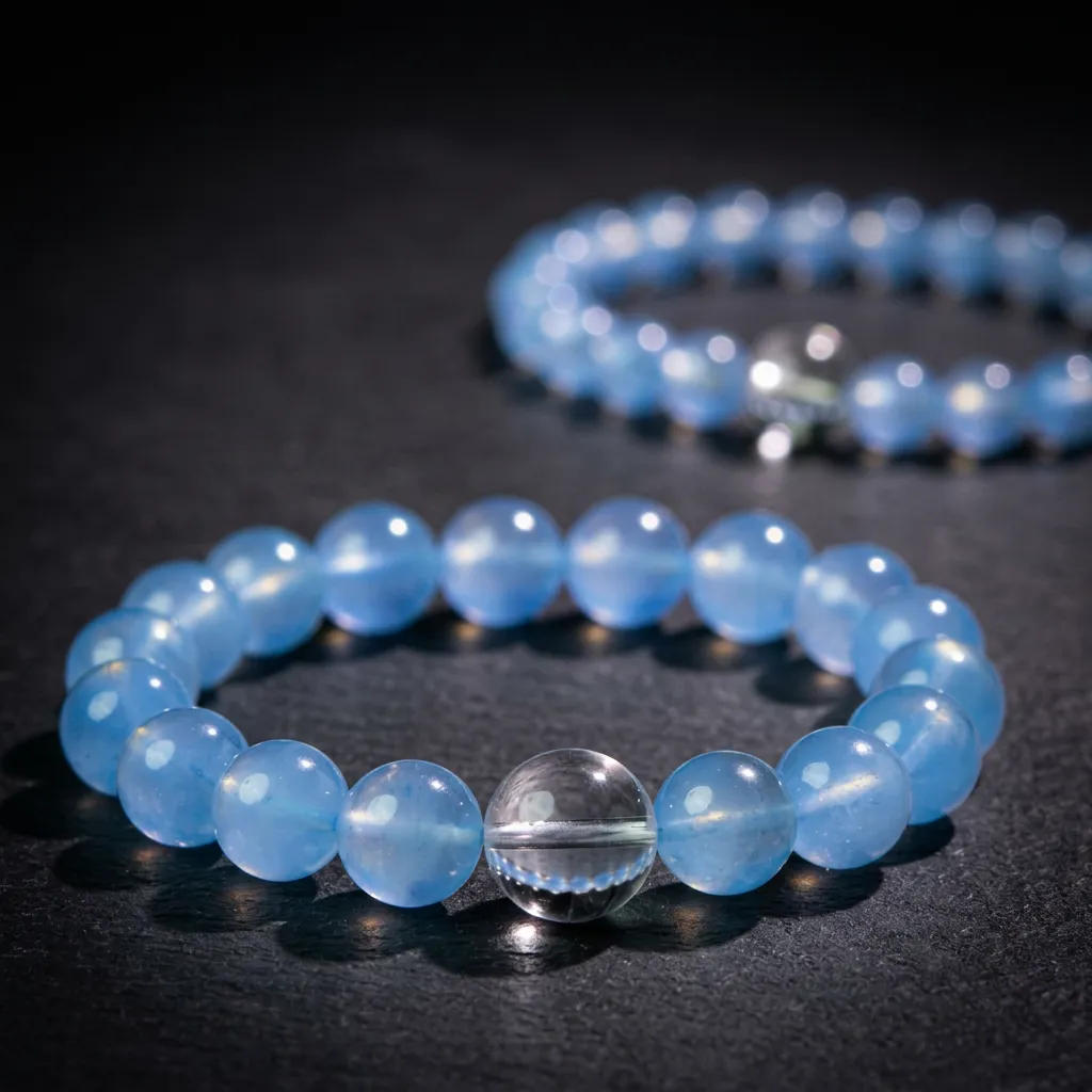 Serene Azure | Natural Blue Chalcedony & Aquamarine Crystal Bracelet Delicate 6mm Beads-Signature Azure Blend (Stretchable)