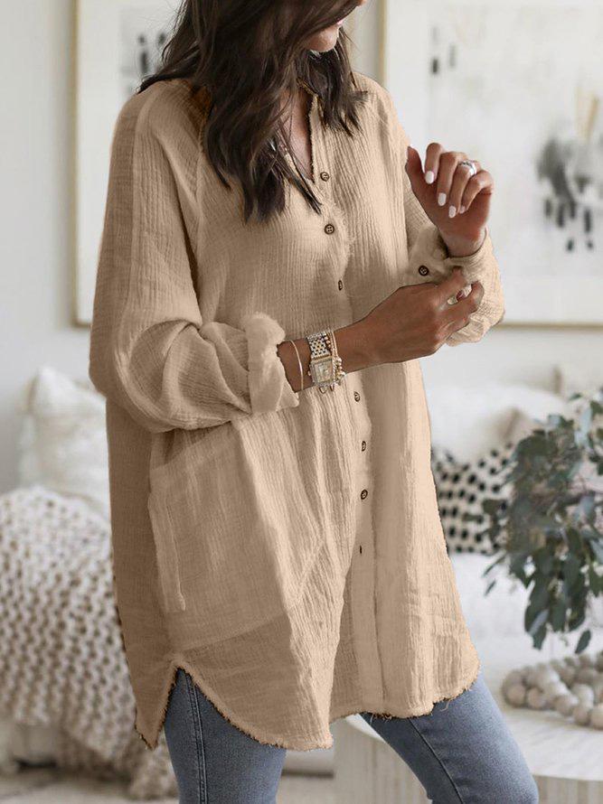 Solid Color Casual Plus Size Blouses With Pockets Long Sleeve
