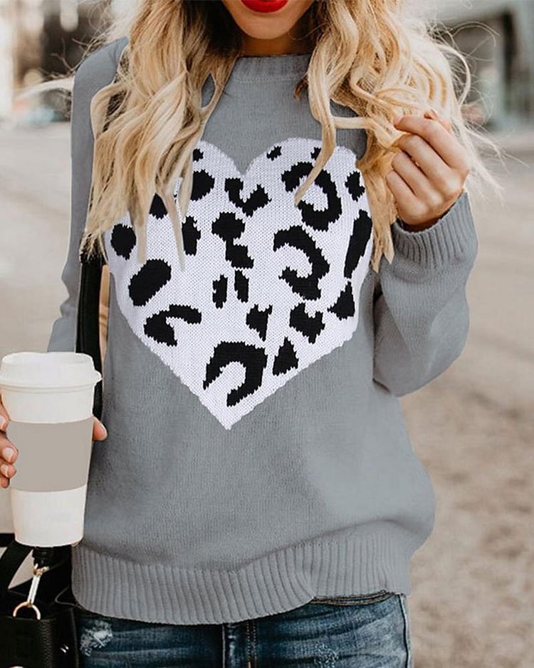Leopard Heart Pattern Print Rib-Knit Sweater - Shop Trendy Women's Clothing | LoverChic