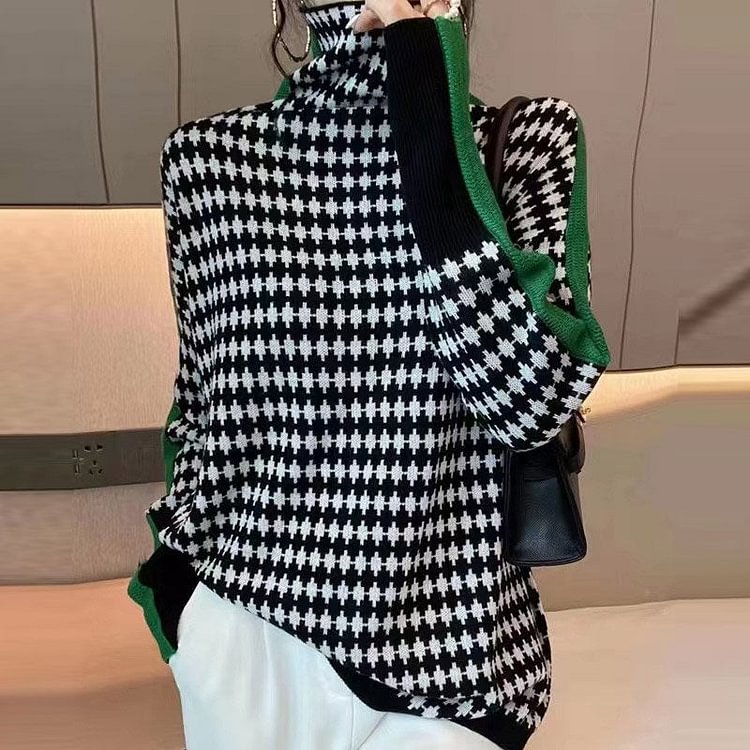 Houndstooth Cotton-Blend Long Sleeve Casual Sweater