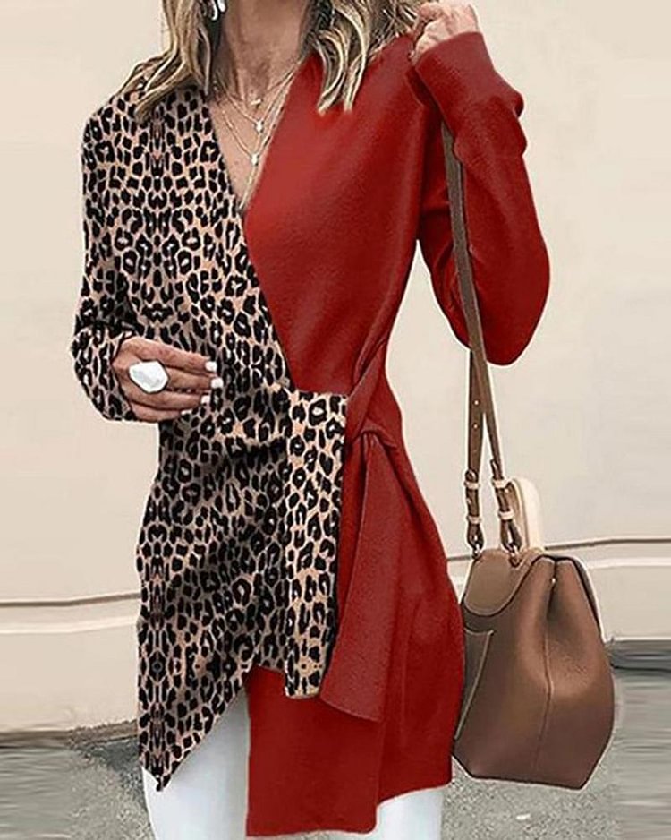 Colorblock & Leopard Print Twist Side Asymmetrical Hem Sweater - Shop Trendy Women's Clothing | LoverChic