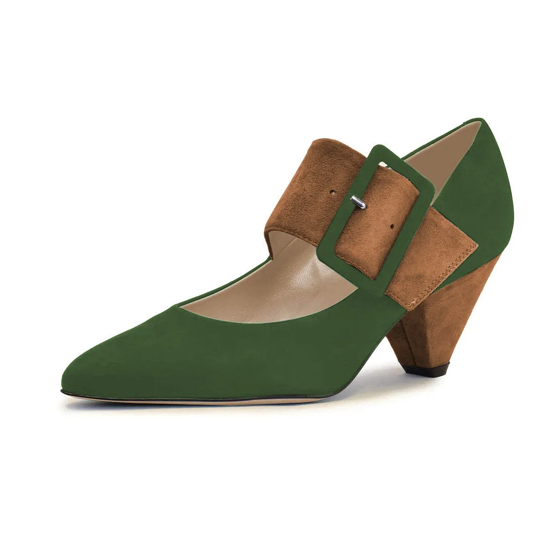 Dark Green Faux Suede Pointed Toe Heel Yellow Buckle Pumps for Women