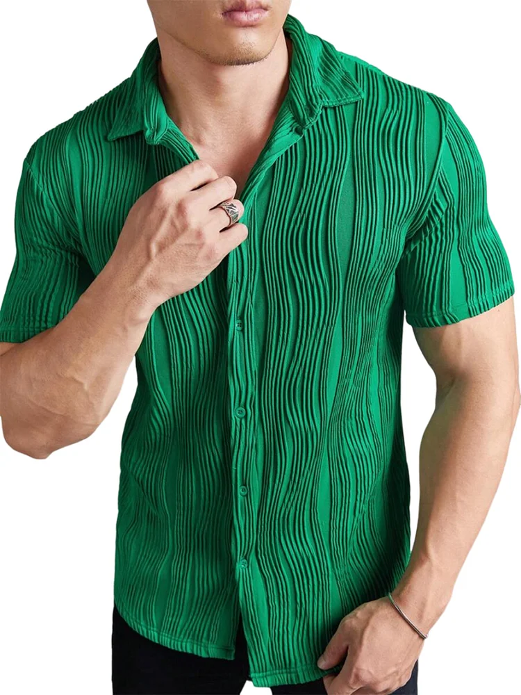 Men's Summer Solid Color Wavy Textured Lapel Short Sleeve Shirt