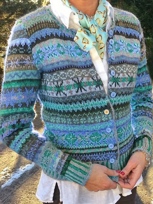 Vintage Ethnic Button Wavy Jacquard Sweater Cardigan