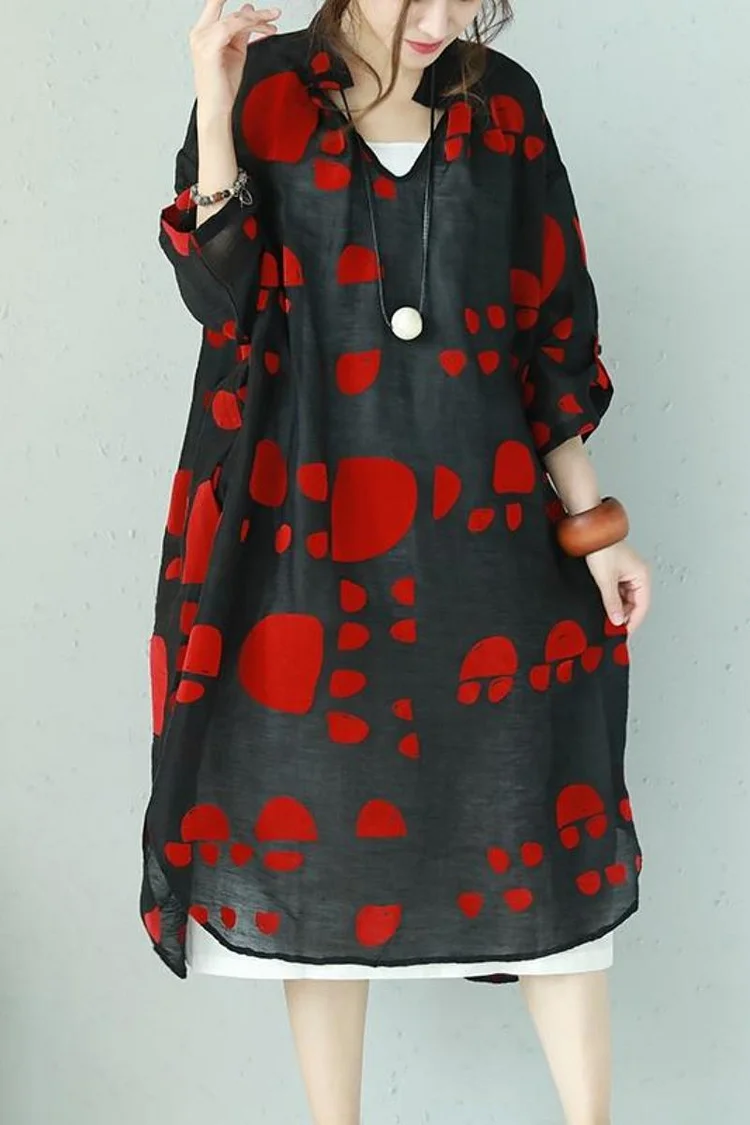 Plus Size Casual Loose Summer Red Dot Black Chiffon Long Dresses Women Outfits
