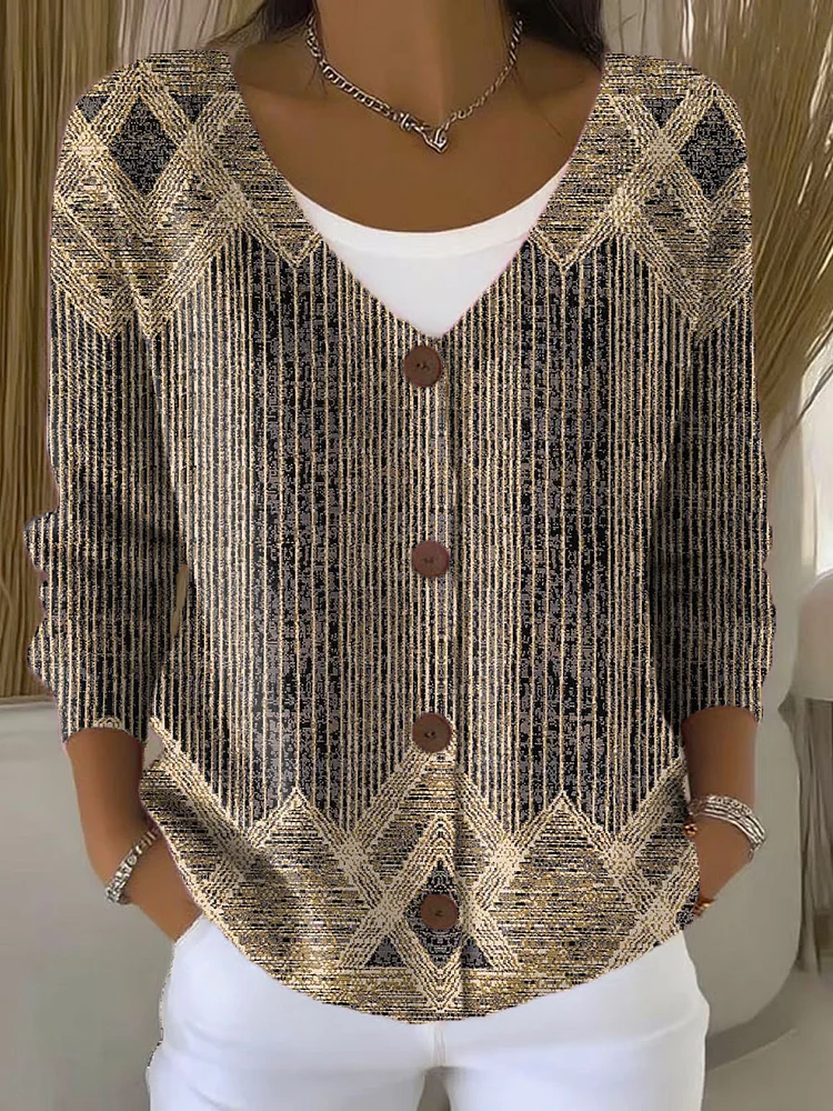 Vintage Abstract Geometry Art Print Buttoned V-neck Cardigan Sweater
