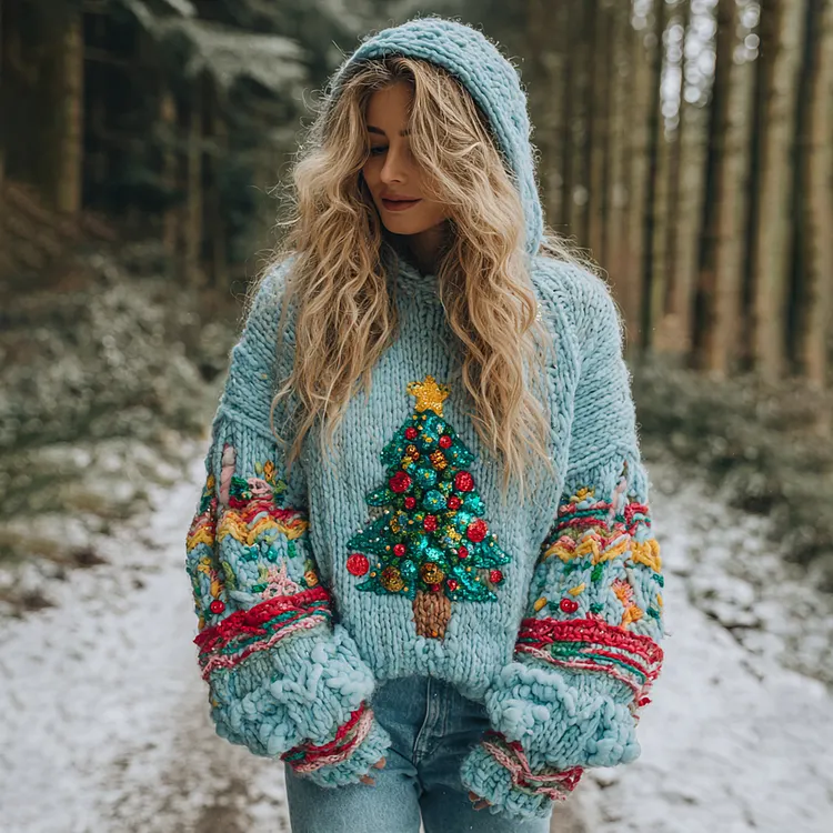 Women's Vintage Christmas Tree Pattern Cozy Knit Hooded Sweater