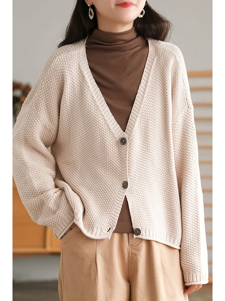 Women Winter Artsy Knitted Button Hemming Solid Sweater