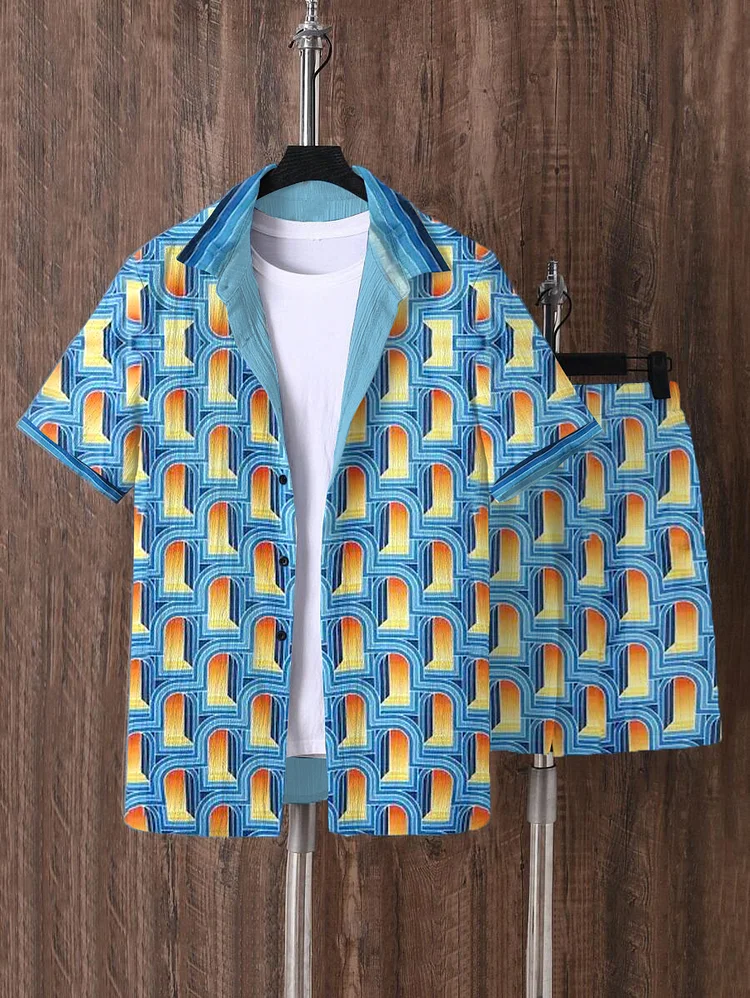 Men's Abstract Visual Art All Over Print Short Sleeve Shirt Set