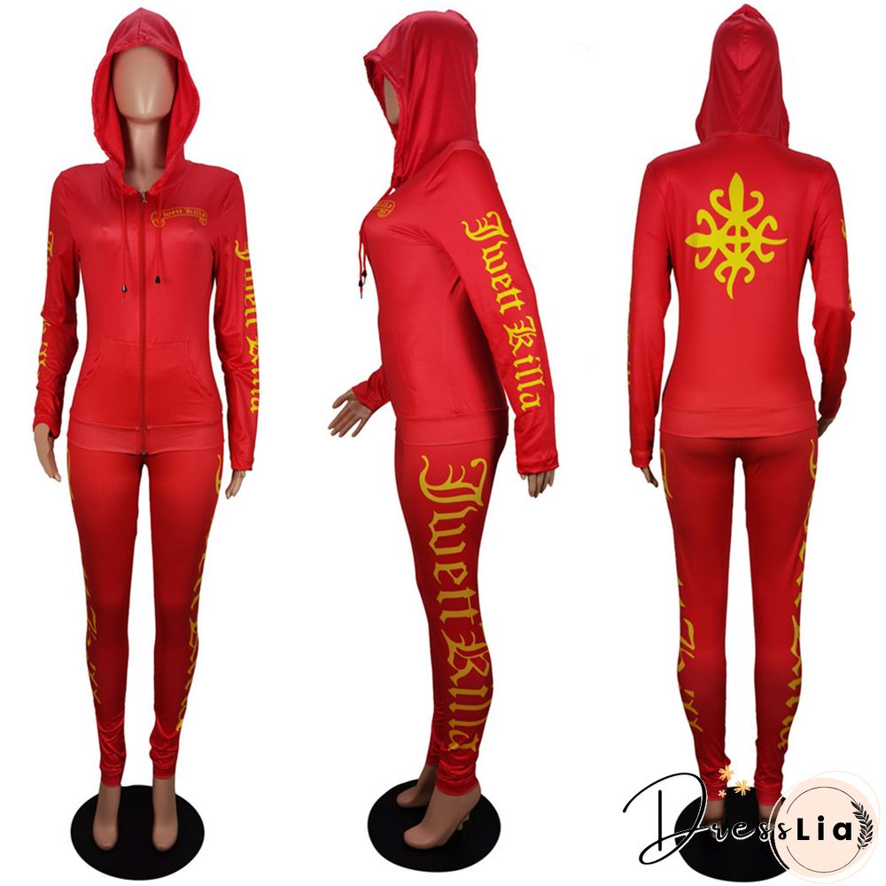 Long Sleeve Hooded Sportwear Zipper Coat Pants Two Pieces Set