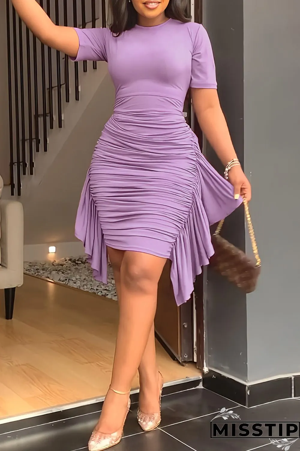 Purple Fashion Casual Solid Patchwork Fold O Neck Short Sleeve Dress