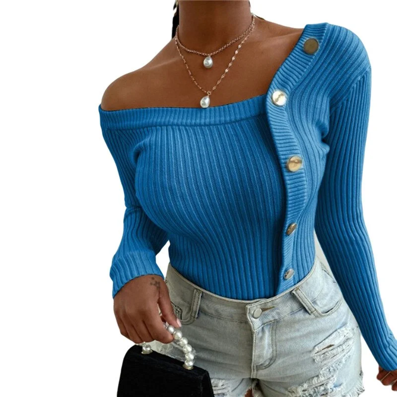 Fashion Button Off Shoulder Knitted Sweater Women Jumper Autumn Winter Strapless Pullover Long Sleeve Knitwear Female Streetwear