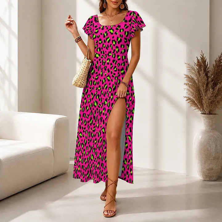 hot pink and lime green dresses SFneewho® Women Elegant Party Dress 80S Neon Fuchsia Leopard Cheetah Spot Bohemian A-Line Party Split Maxi All Homecoming Dress