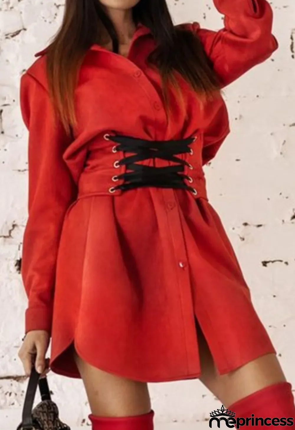 Spring Casual Red Lace-Up Long Sleeve Blouse Dress