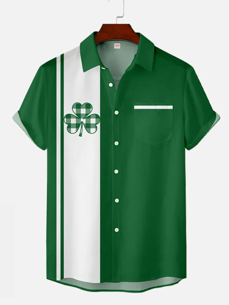 St. Patrick's Day 50s Green And White Stripe Lucky Clover Printing Short Sleeve Shirt
