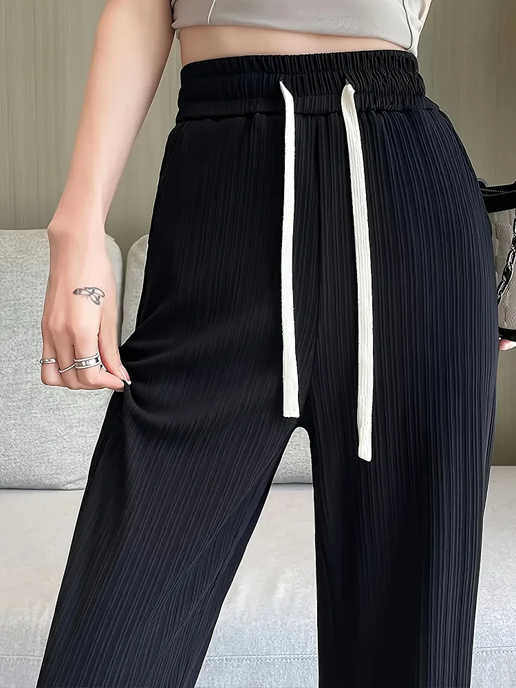 1pc Summer Lightweight Ice Sliky Fiber Fabric High-Waisted Wide-Leg Pants - Breathable Loose Fit With Drawstring Waist, Solid Black Casual Elegant Trousers For Women & Men, Outdoor