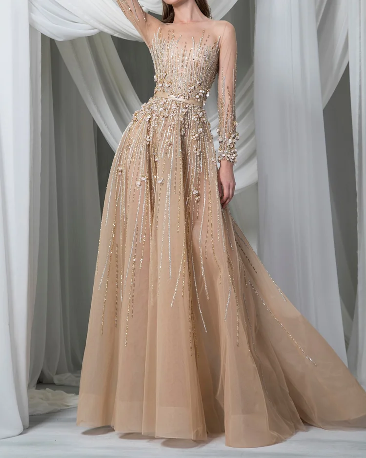 Women's Long Sleeve Embroidered Tulle Gown Dress