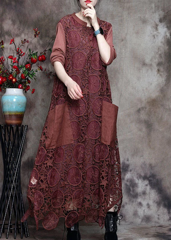 Modern Coffee Button Embroideried asymmetrical design Fall Vacation Dresses Long sleeve
