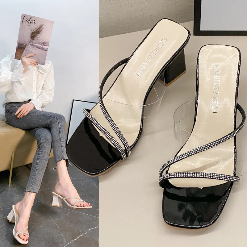Breakj Breakj New Women's Coarse And Slippers Korean Version Of Simple Fashion Transparent Cool Slippers Outside The Square Half Slippers