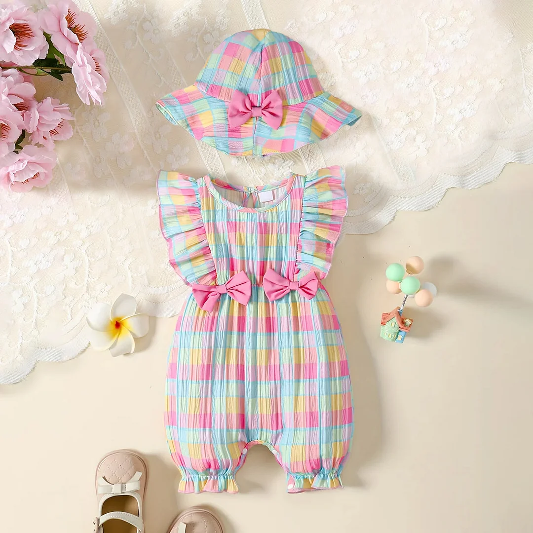 2PCS Pretty Plaid Printed Sleeveless Baby Jumpsuit