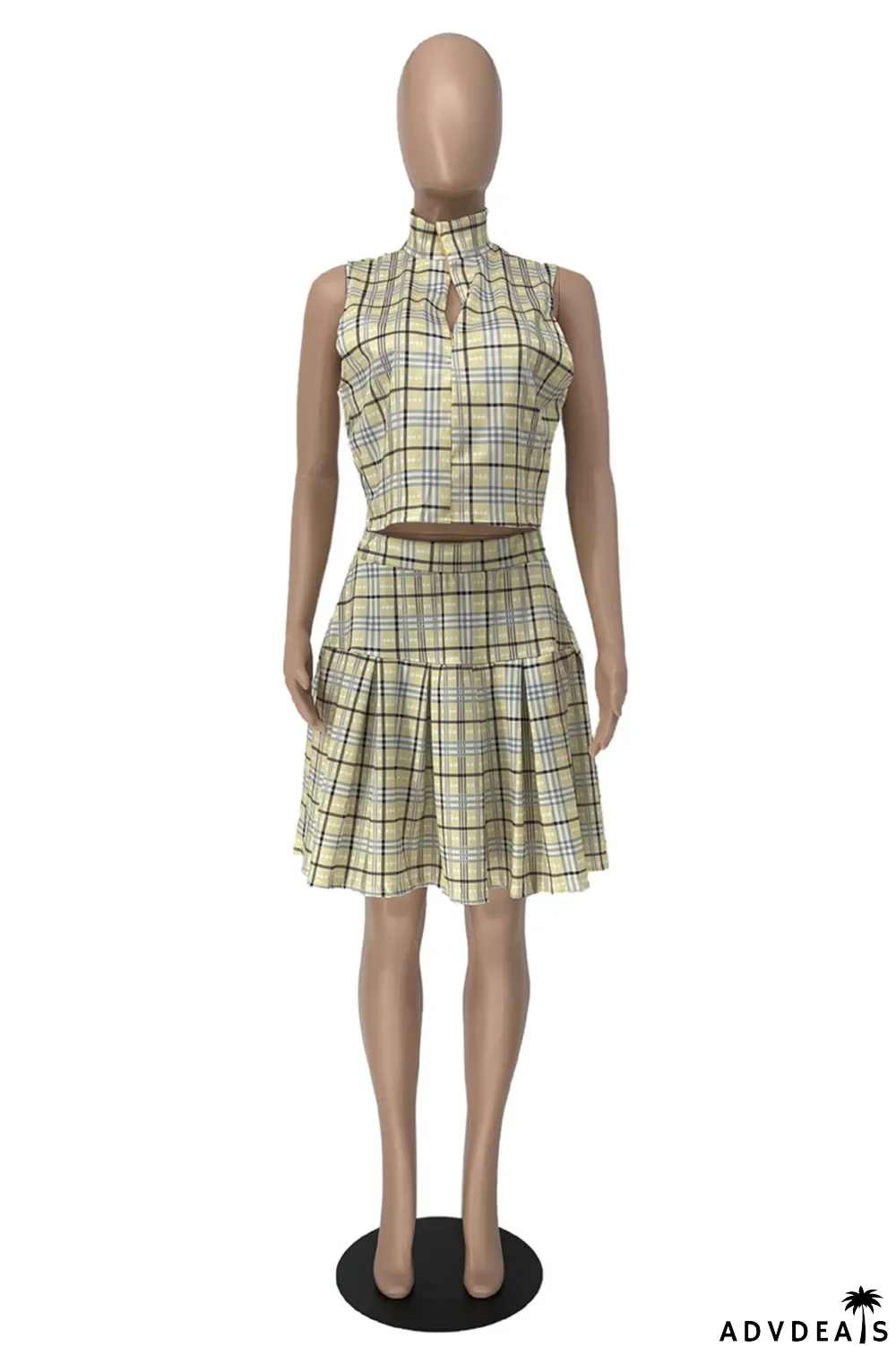 Yellow Fashion Casual Plaid Print Patchwork Zipper Collar Plus Size Two Pieces